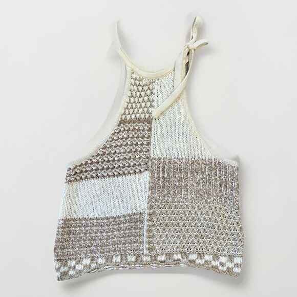 Anthropologie Tank Top Size XS Halter Tie Crochet Patchwork Metallic Chunky - Picture 3 of 9